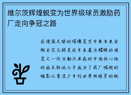 维尔茨辉煌蜕变为世界级球员激励药厂走向争冠之路