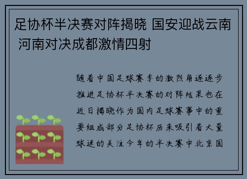 足协杯半决赛对阵揭晓 国安迎战云南 河南对决成都激情四射