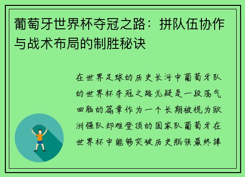 葡萄牙世界杯夺冠之路：拼队伍协作与战术布局的制胜秘诀